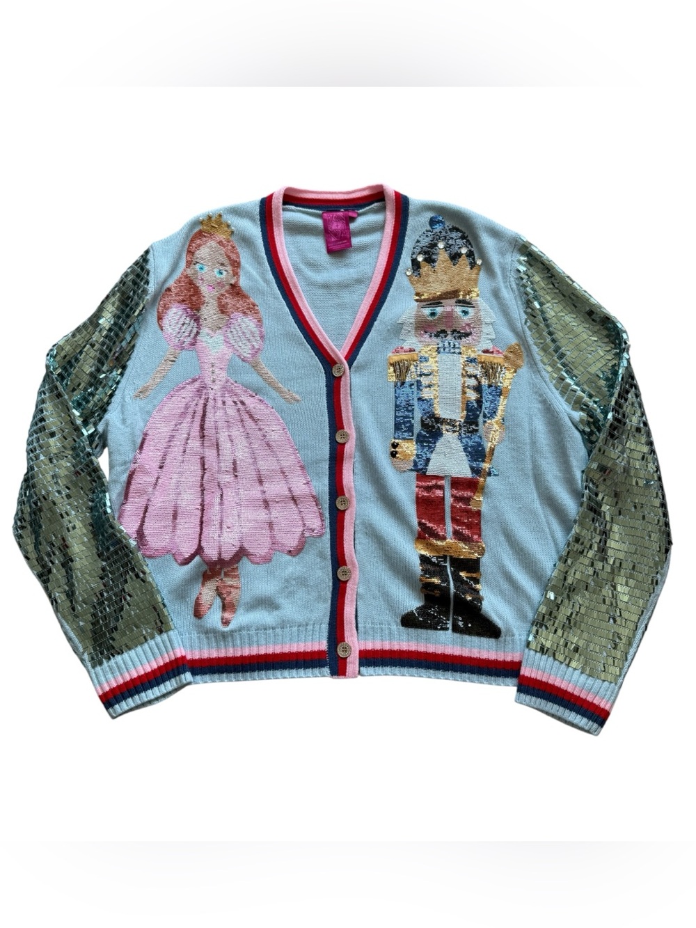Queen of Sparkles Nutcracker Clara Shard Sequin Sleeve Christmas Cardigan Blue L